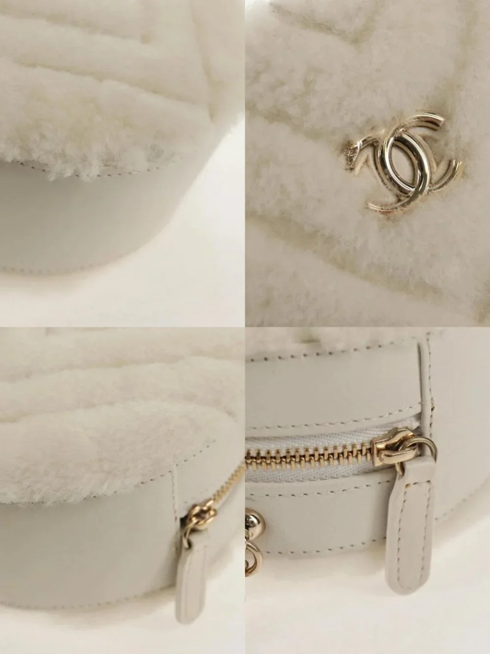 CHANEL V Stitch Chain Shoulder Bag Mouton White Gold CC Auth 148461AM